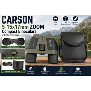 Carson 5-15x17mm Zoom Compact Binoculars Green Rubber Grip with Carrying Case